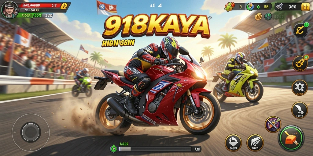 Screenshot gameplay 918KAYA menampilkan aksi seru balapan motor.