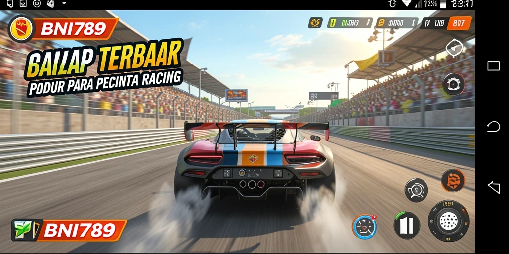 Screenshot gameplay BNI789 yang menunjukkan aksi balapan yang menegangkan.