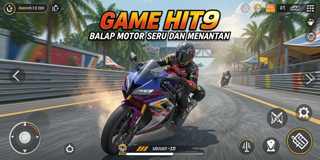 Screenshot gameplay HIT9 menampilkan aksi balapan motor yang menegangkan.