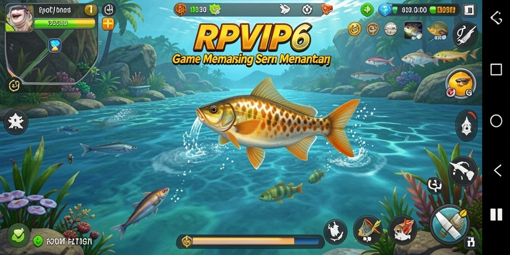 Tangkapan layar utama gameplay RPVIP6 yang menampilkan aksi memancing seru.